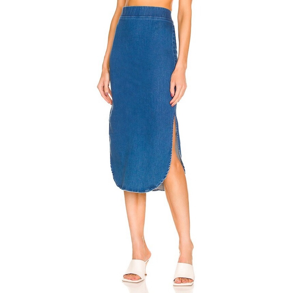 Frank & Eileen Donegal Denim Midi Skirt Blue Indigo Curved Hem Size 0 Made USA